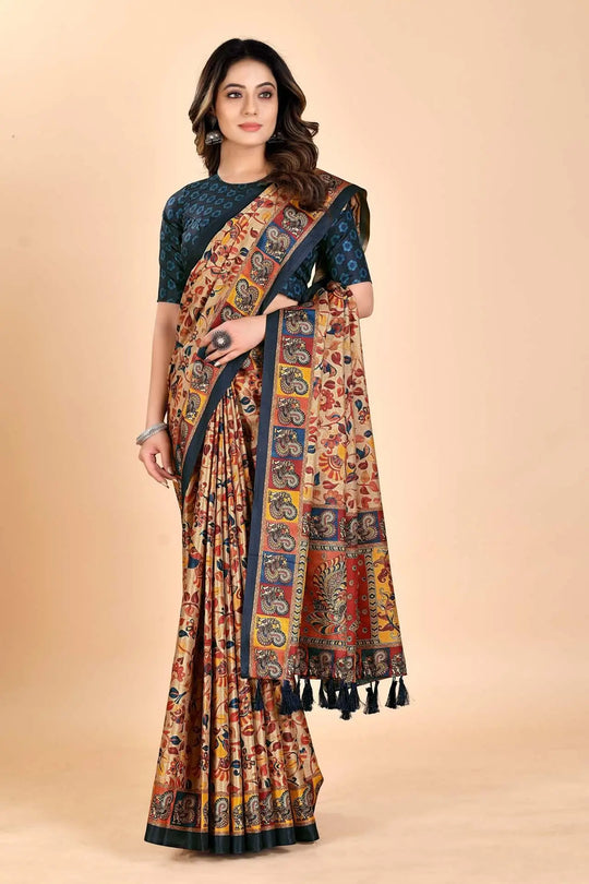 Woman wearing a Kalamkari Printed Saree.
