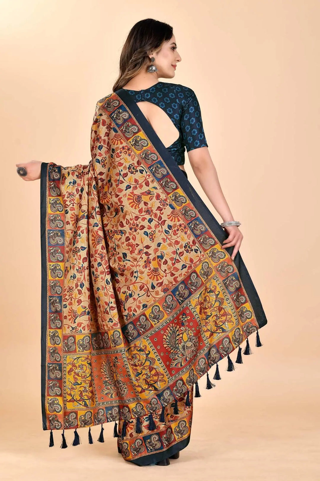 Woman wearing a Kalamkari Manipuri Printed Saree.