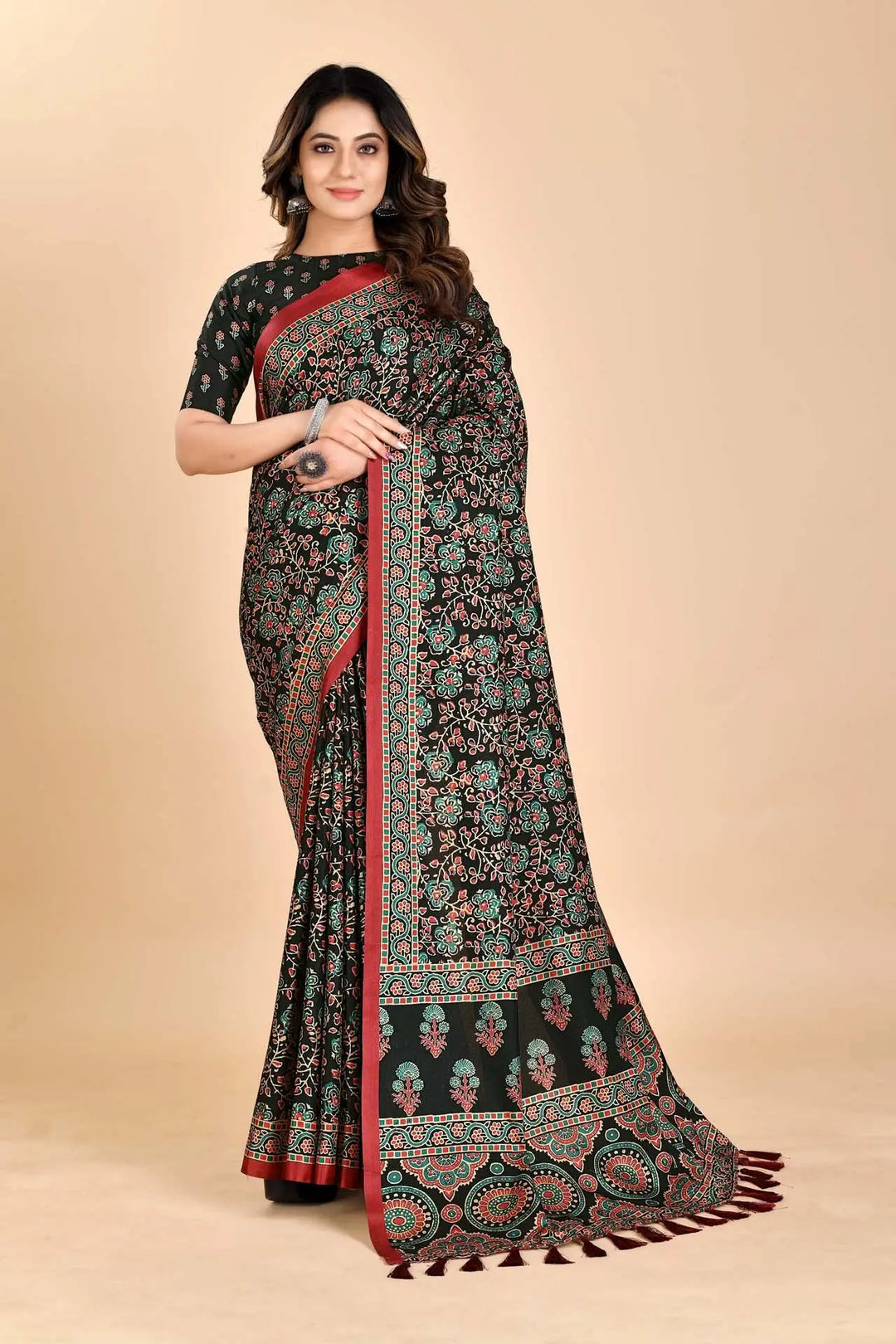 Woman wearing a Ajrakh Manipuri printed Saree.