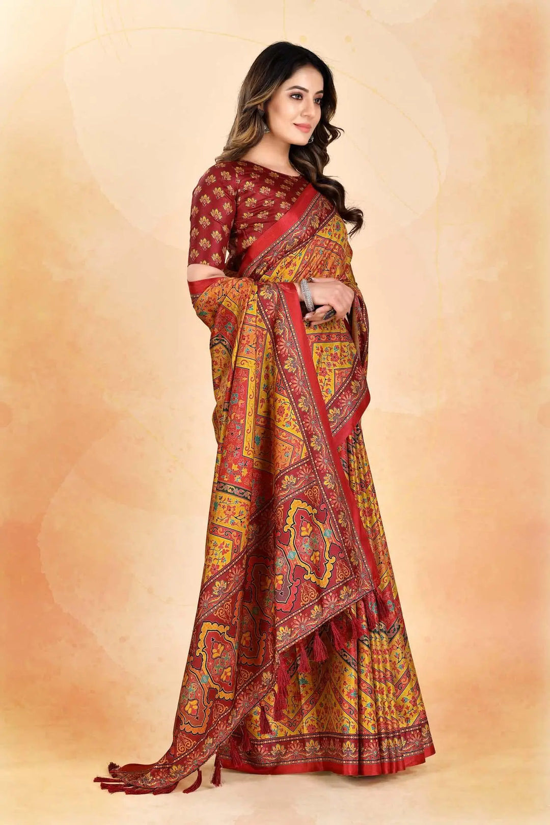 Manipuri maroon color printed Saree for woman by Ethnic today.