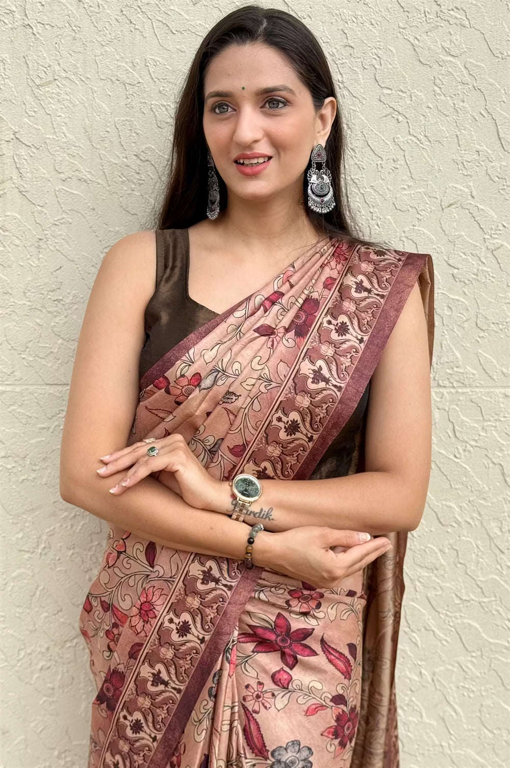 Rose Gold Kalamkari printed saree for woman.