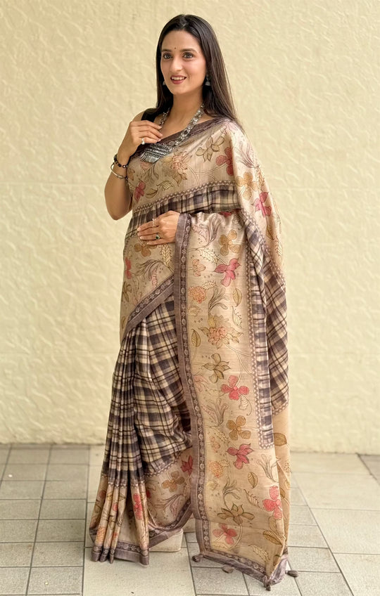 Woman wearing a Chex Pattern with Floral Border print saree.