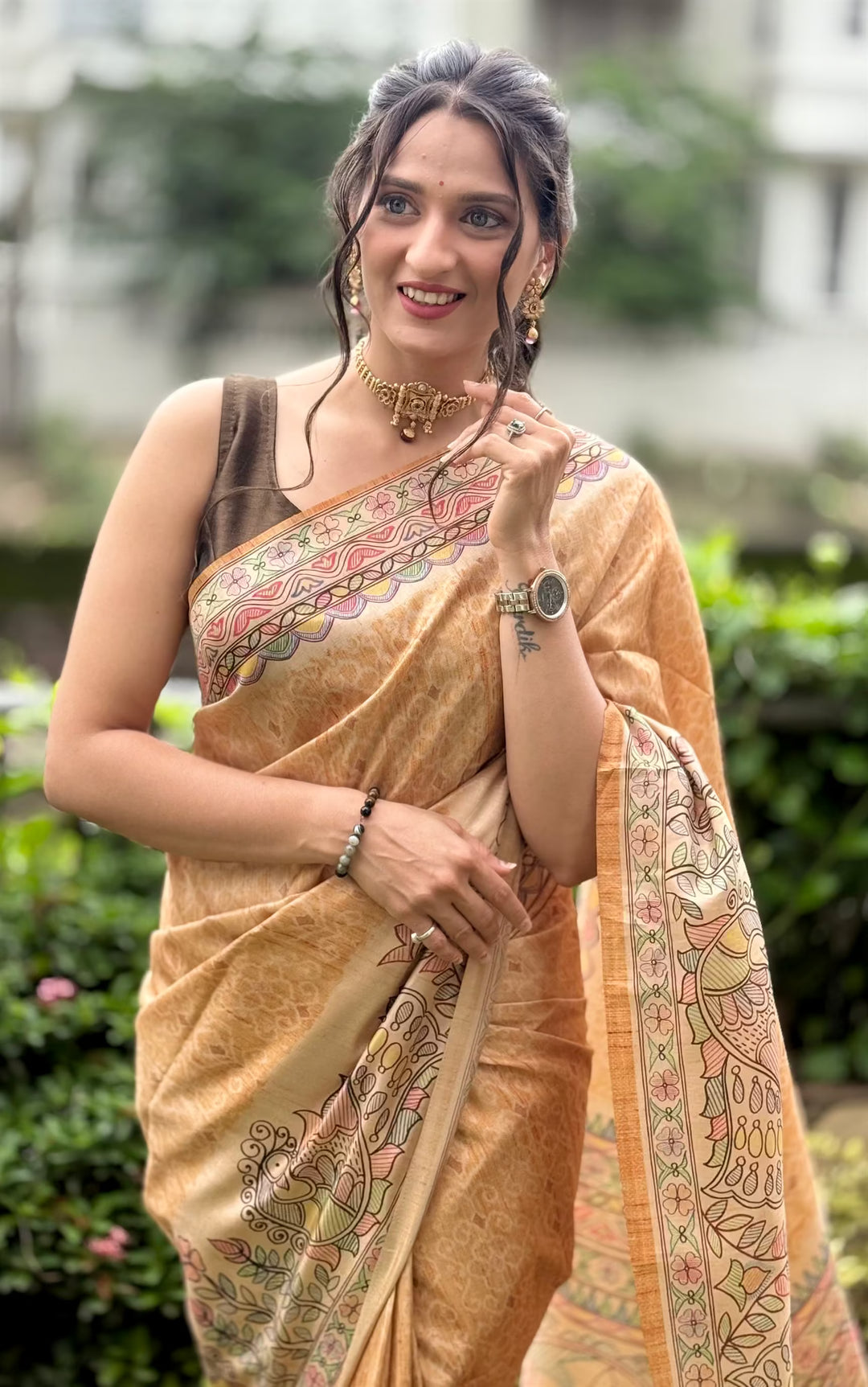 Mustard Matsya Madhubani print saree for woman by Ethnic Today.