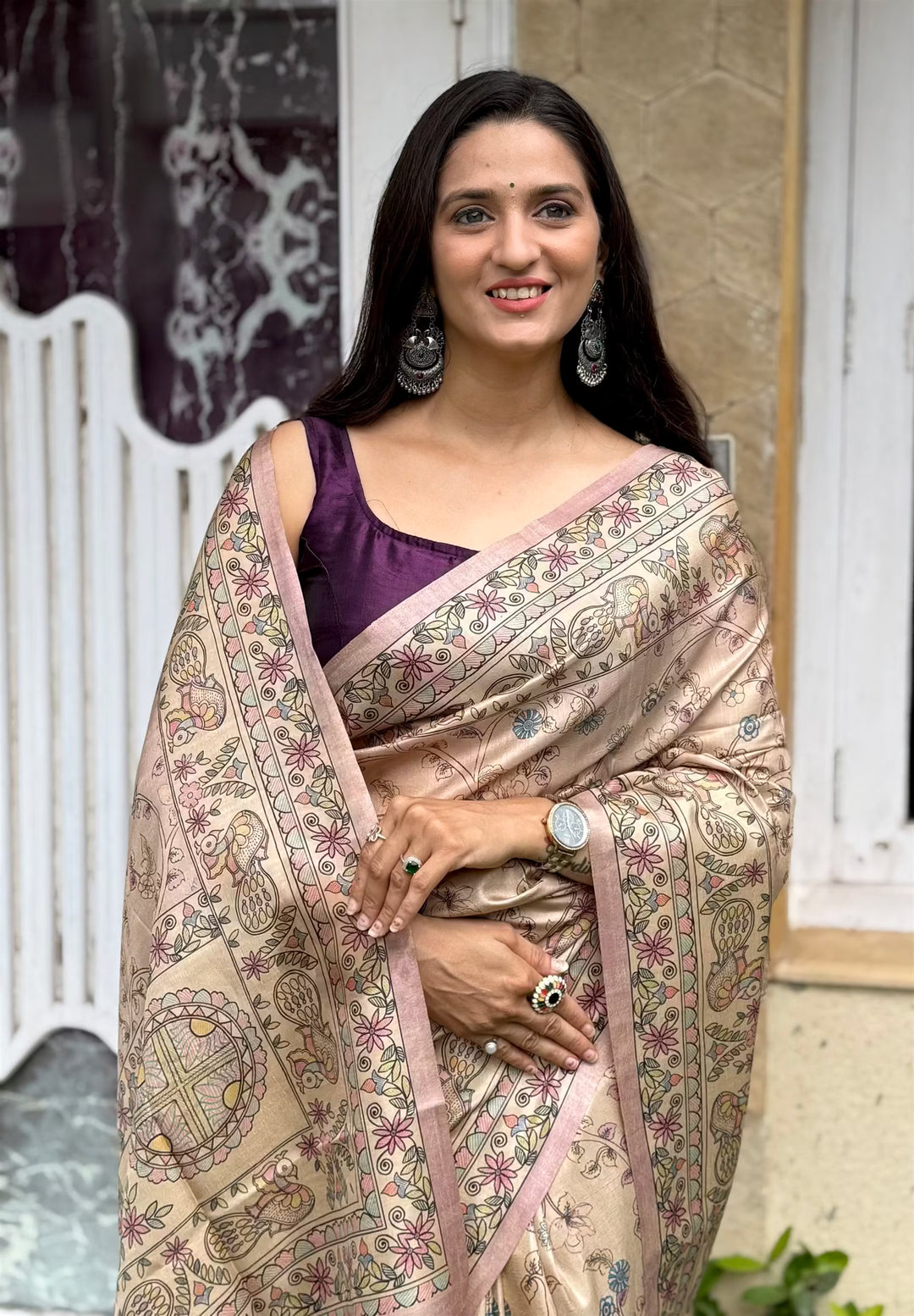 Madhubani Pallu with Kalamkari Pattern for woman by Ethnic Today.