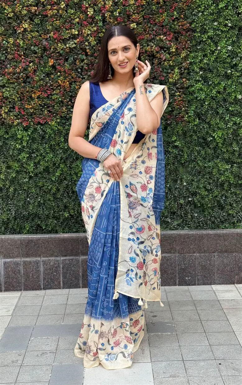 Women wearing Bandhani With Floral Border Chanderi Silk Saree.