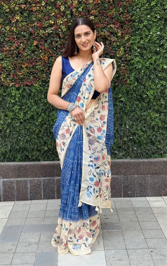Women wearing Bandhani With Floral Border Chanderi Silk Saree.