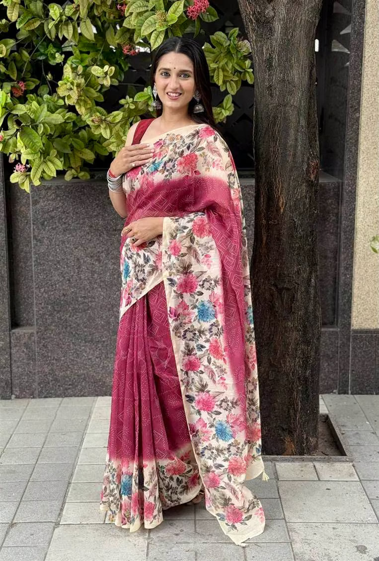 Woman wearing Maroon Bandhani Print with Floral Border Silk Saree by Ethnic Today.