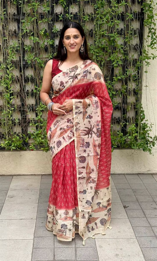 Woman in Red Kalamkari Border Chanderi Silk Saree.