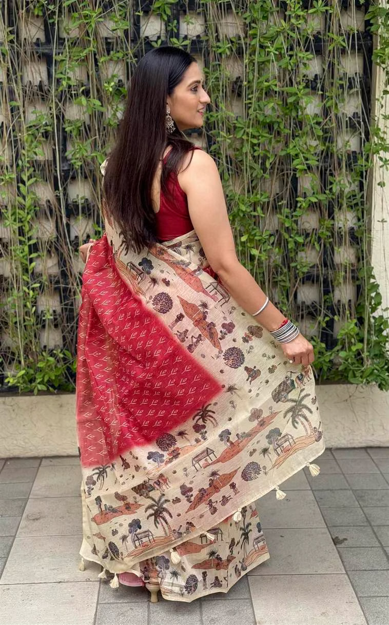 Woman wearing Red Kalamkari Border Chanderi Silk Saree by Ethnic Today.
