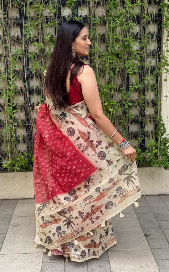 Woman wearing Red Kalamkari Border Chanderi Silk Saree by Ethnic Today.