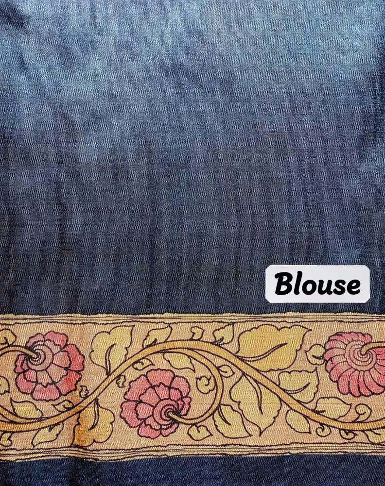 Plain blue blouse featuring a Floral printed border.