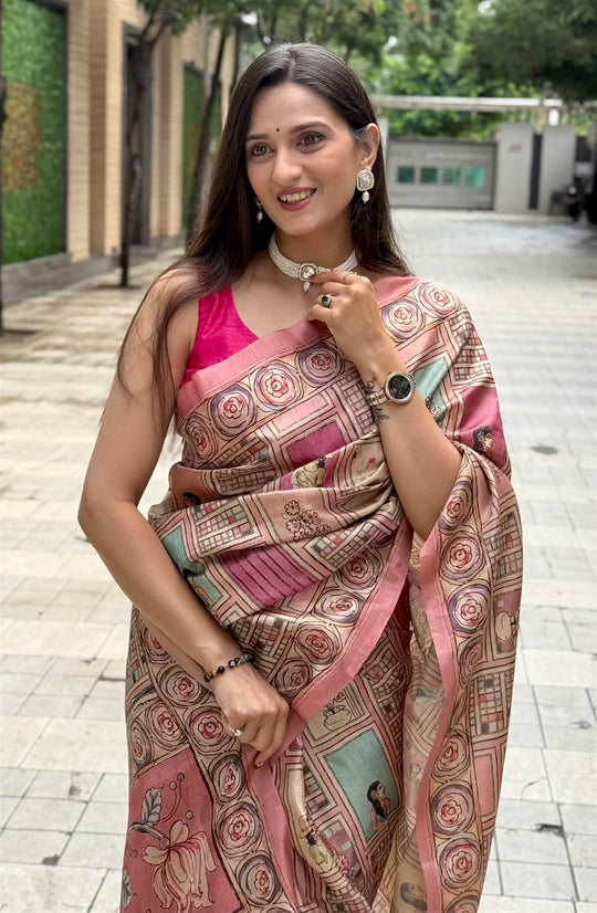Light Pink Geometric Pattern print saree for woman by Ethnic Today.