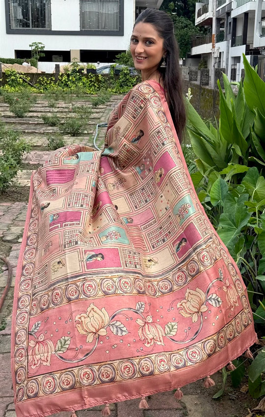 Woman in Light Pink Geometric Pattern with Floral print pallu saree.