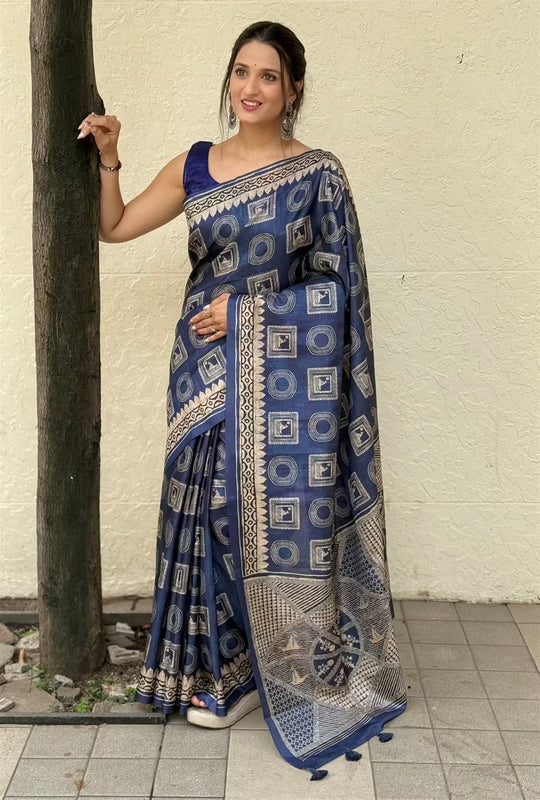 Indigo Block Print Tussar Silk Saree for woman by Ethnic Today.