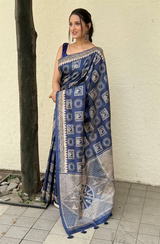 Woman wearing a Indigo Block Print Tussar Silk Saree.