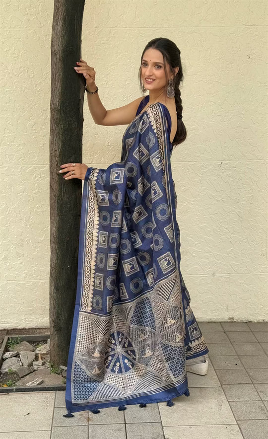 Woman in Indigo Block Print Tussar Silk Saree.