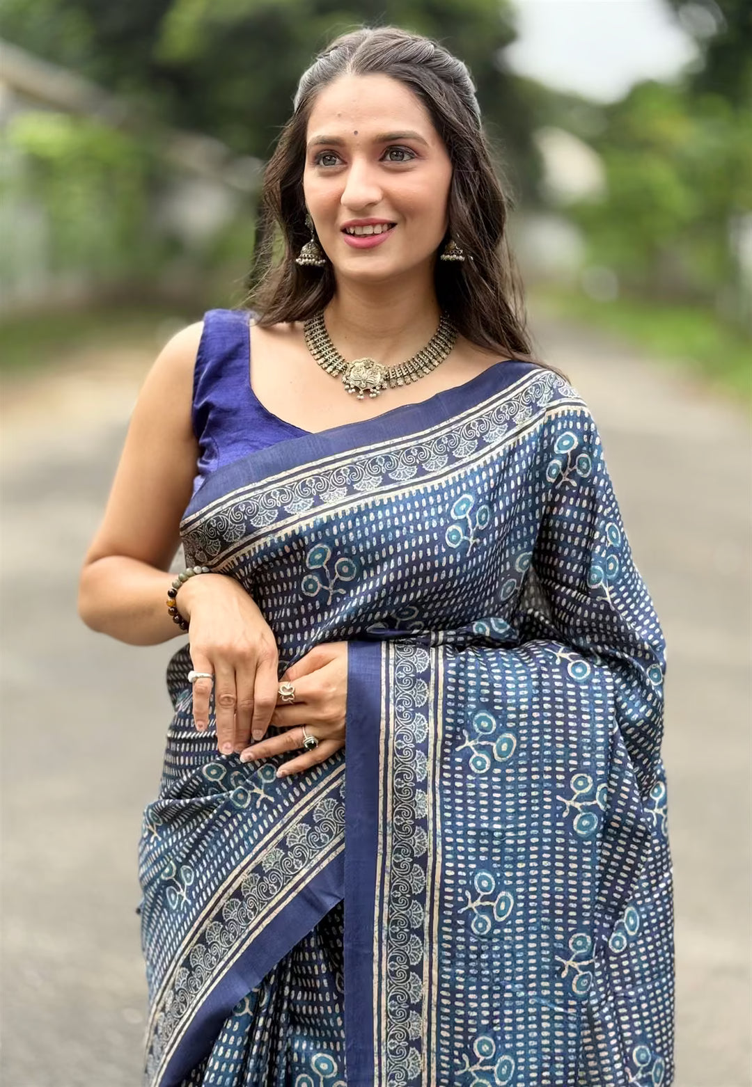 Indigo Ajrakh Butti Print saree for woman by Ethinc Today.