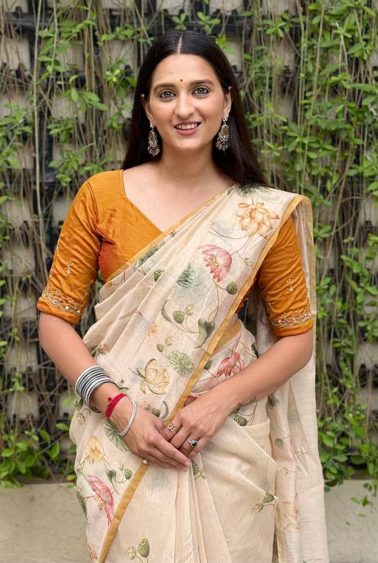 Woman wearing Lotus Floral Print Chanderi Silk Saree by Ethnic Today.