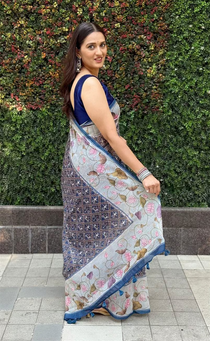 Women wearing Lotus Patola Chanderi Silk Saree by Ethnic Today