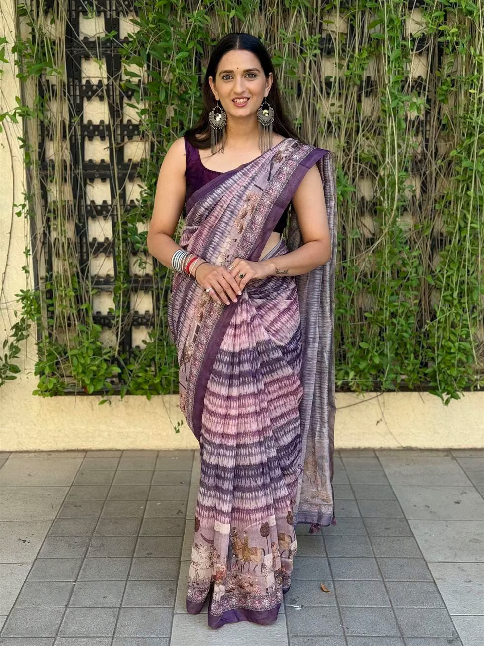 Woman in Purple Mughal Print Purple Chanderi Silk Saree.