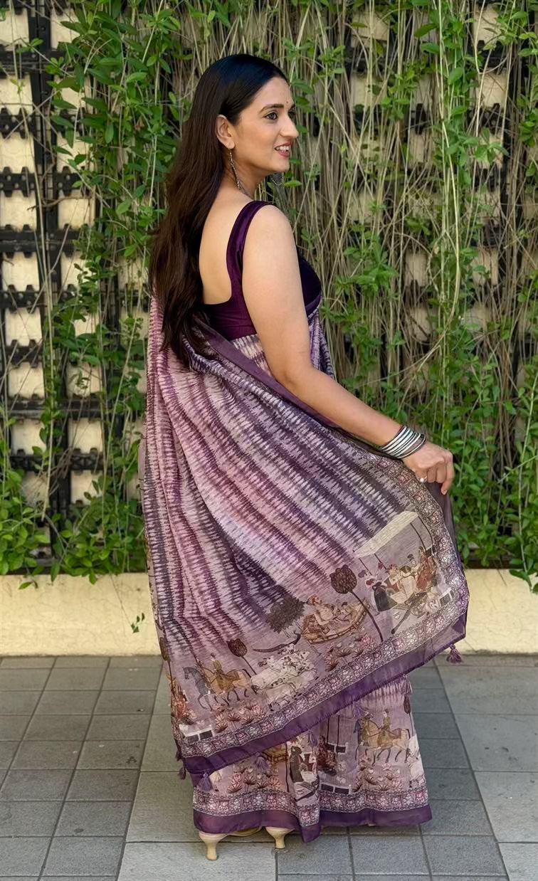 Woman wearing Mughal Print Purple Chanderi Silk Saree.