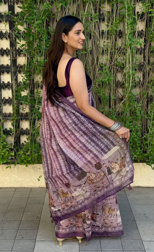 Woman wearing Mughal Print Purple Chanderi Silk Saree.