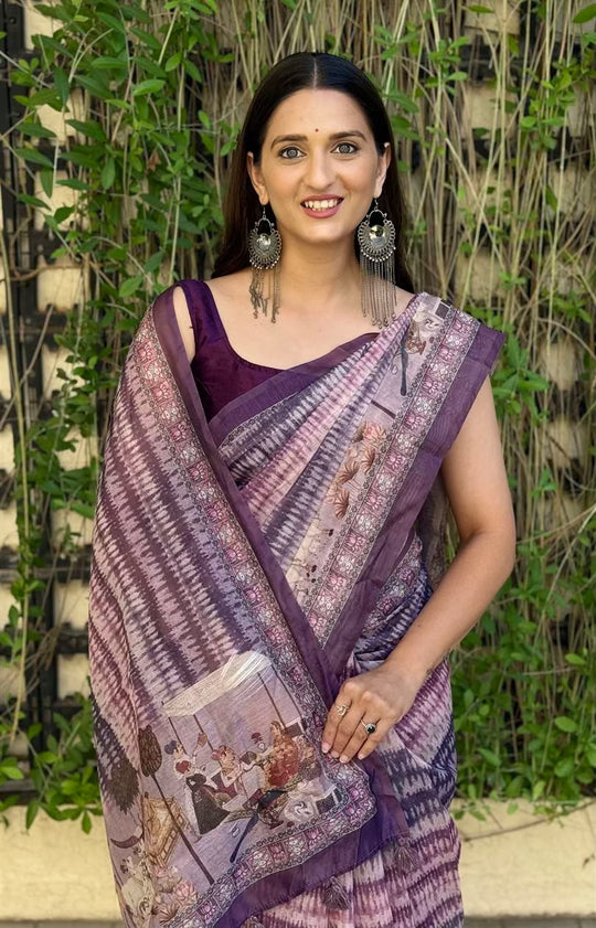 Woman wearing Mughal Print Purple Chanderi Silk Saree by Ethnic Today.