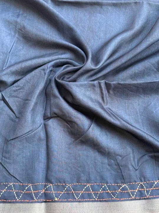 Navy Blue Blouse fabric with katha work border by Ethnic Today.