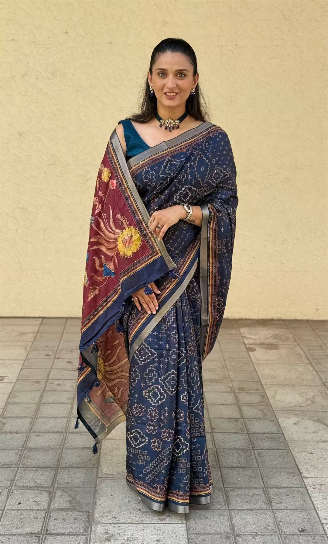 Woman in Katha Work Navy Blue Saree by Ethnic Today.