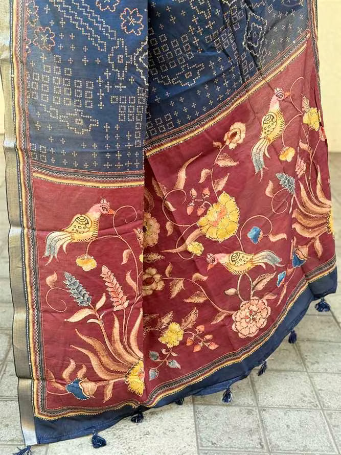 Navy Blue With Maroon saree pallu in Katha work by Ethnic Today.