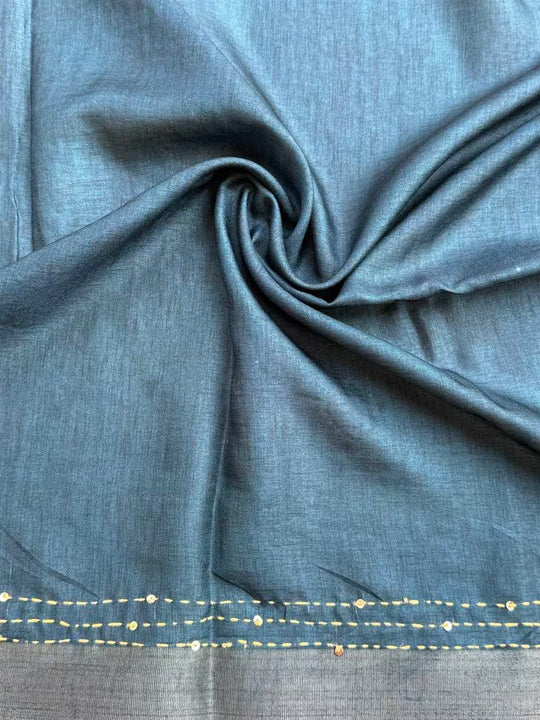 Royal Blue blouse fabric in katha work by Ethnic Today.