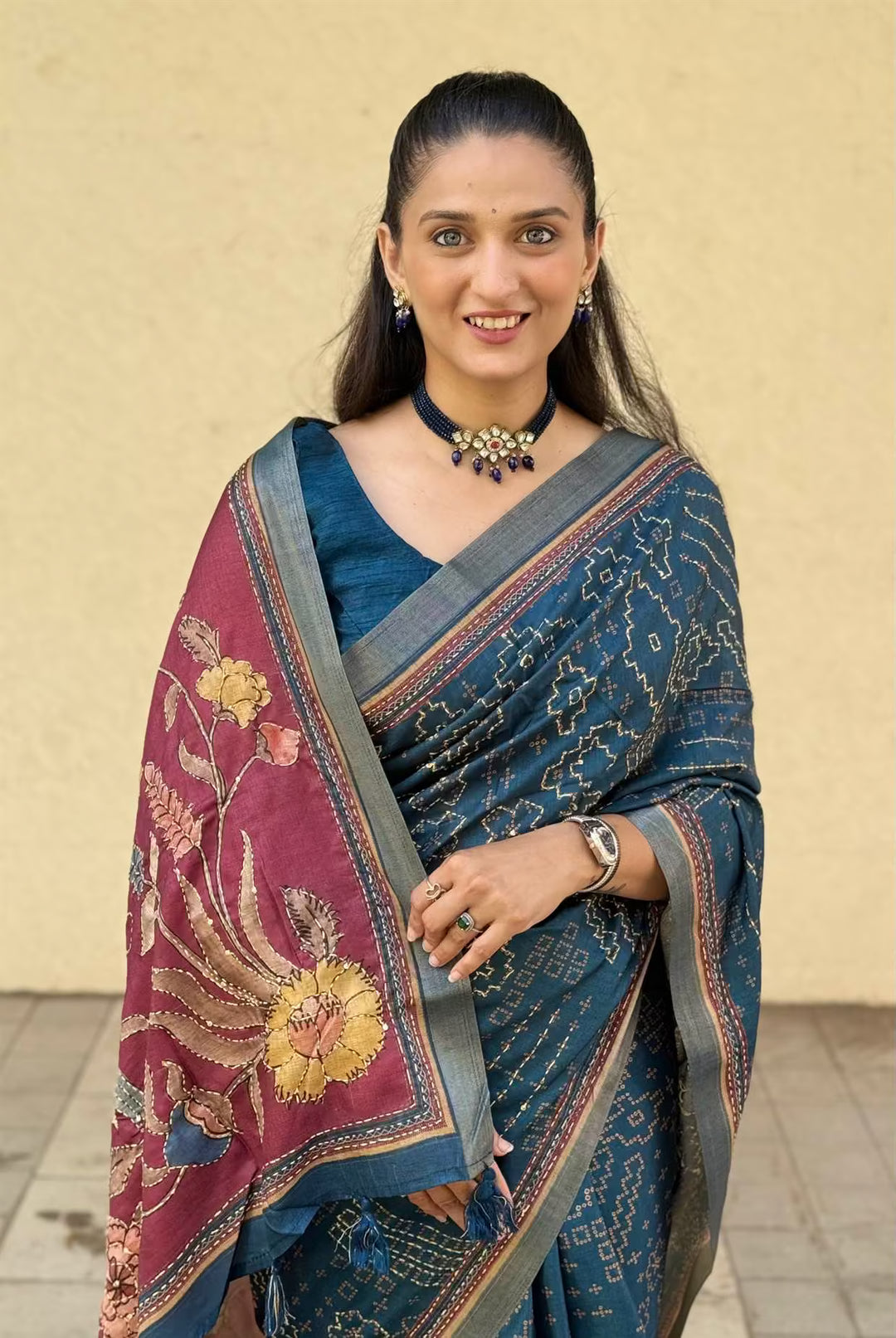 Woman in Royal Blue With Maroon Pallu Dola Silk Saree.