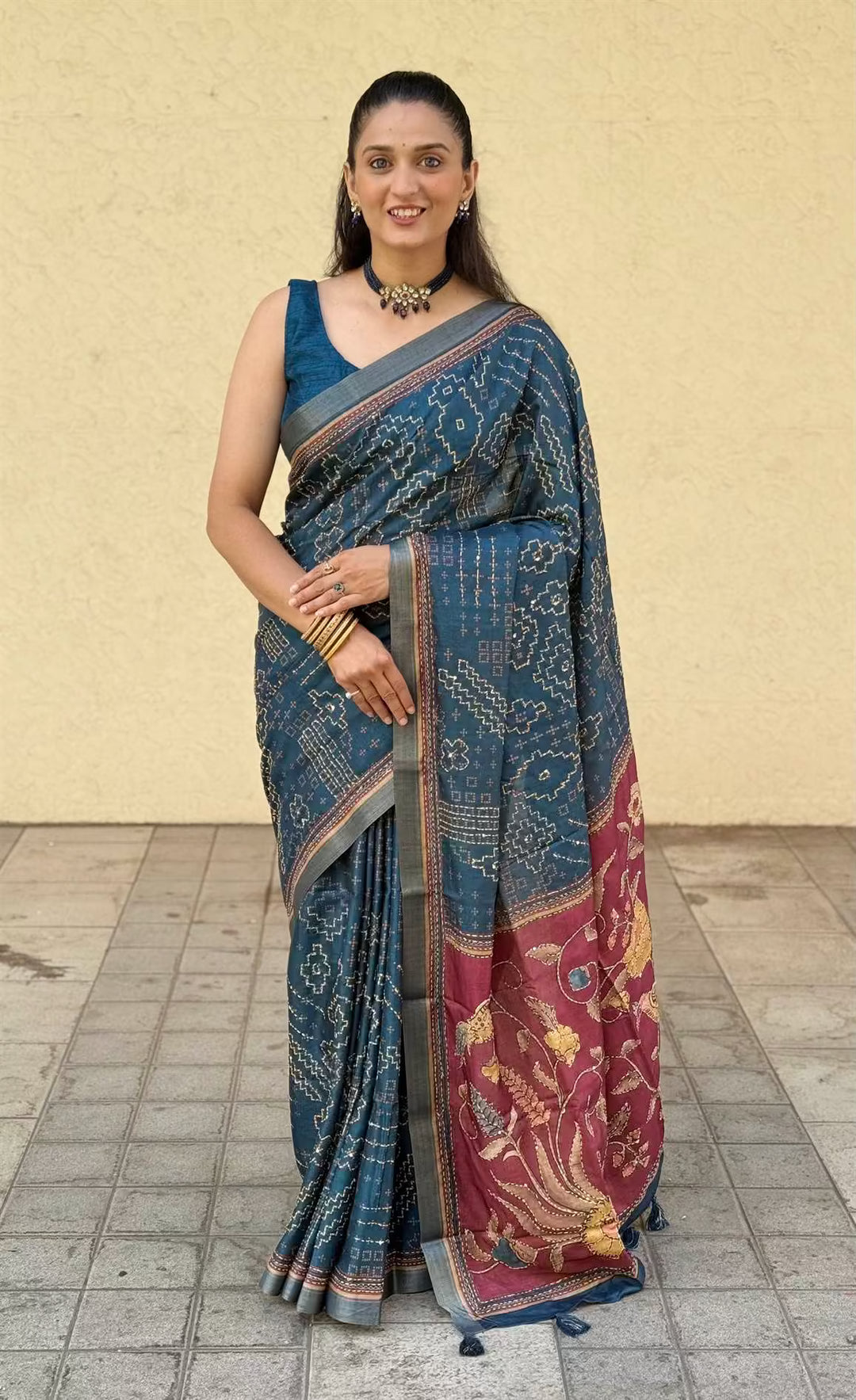 Woman wearing Katha work saree by Ethnic Today.