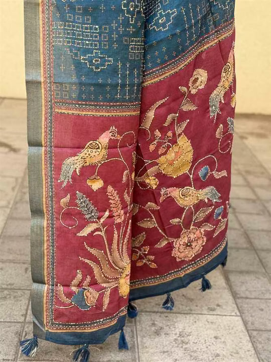 Royal Blue with Maroon Pallu in Katha work by Ethnic Today.