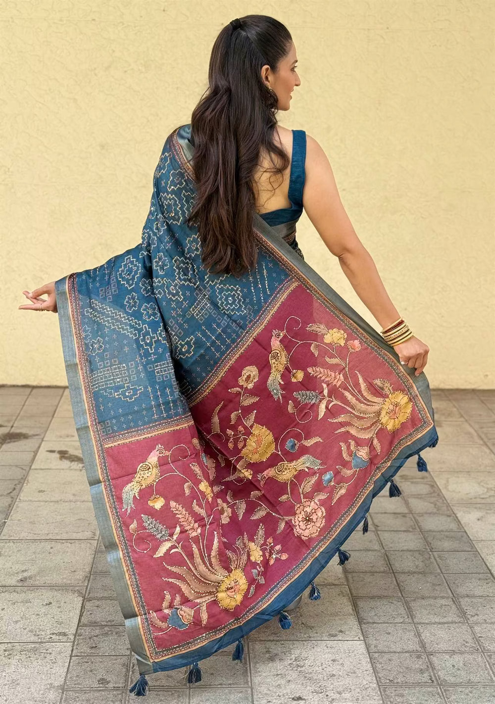 Woman wearing Royal Blue With Maroon Pallu Dola Silk Saree by Ethnic Today.