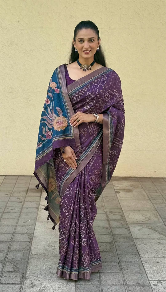 Woman wearing Purple Katha Work Saree by Ethnic Today.