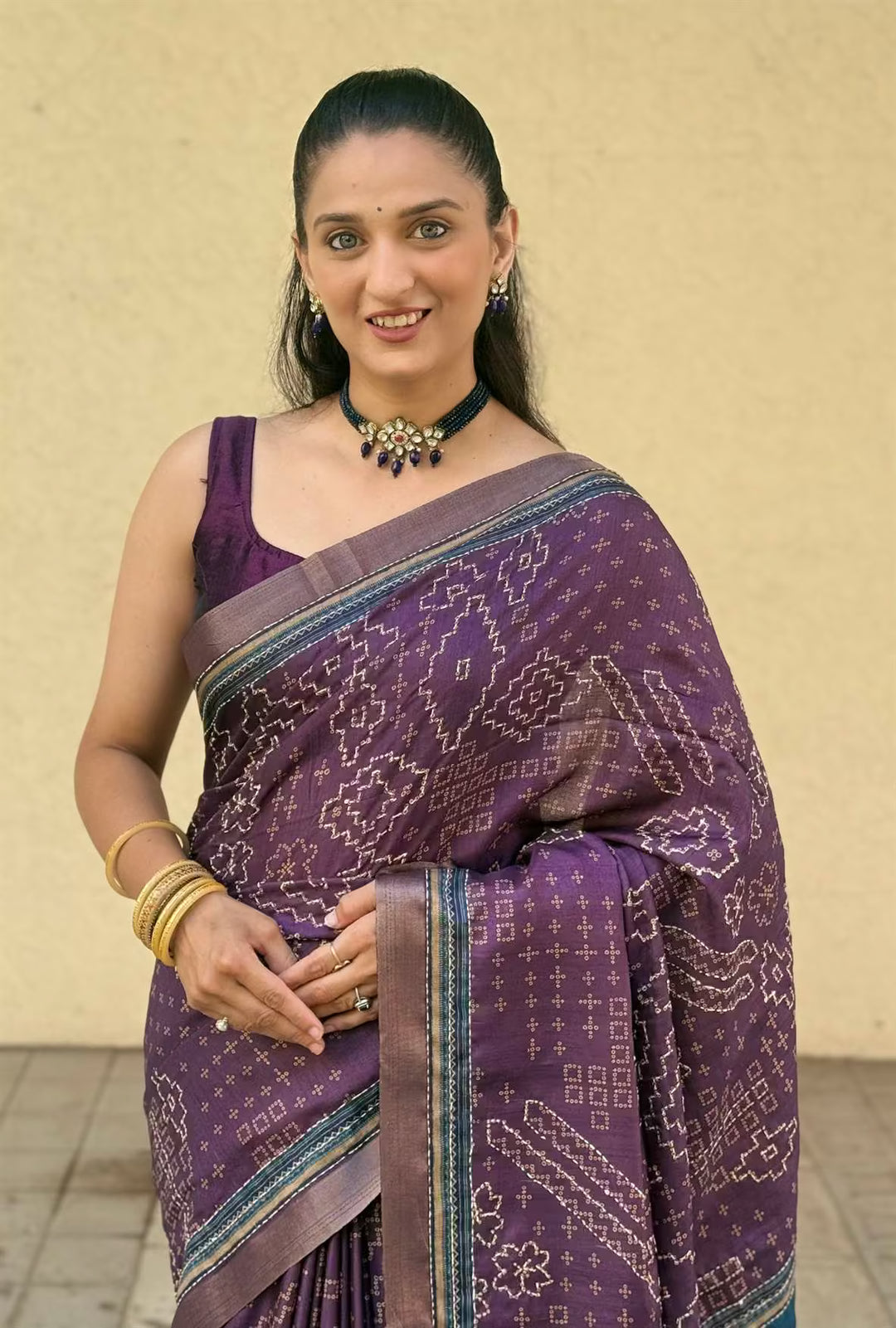 Woman in Purple Bandhani Katha Work Silk Saree by Ethnic Today.