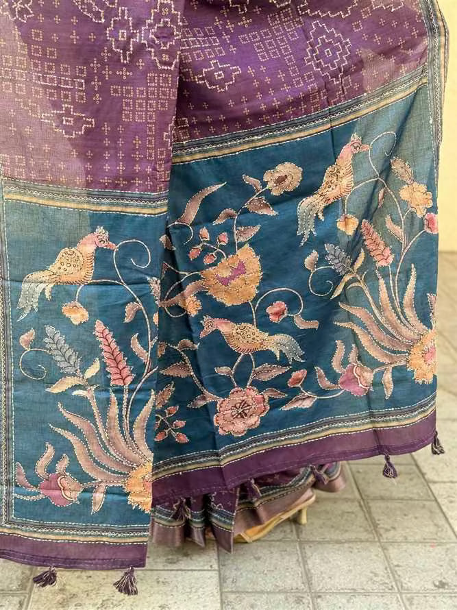 Purple With Royal Blue pallu in Katha work by Ethnic Today.