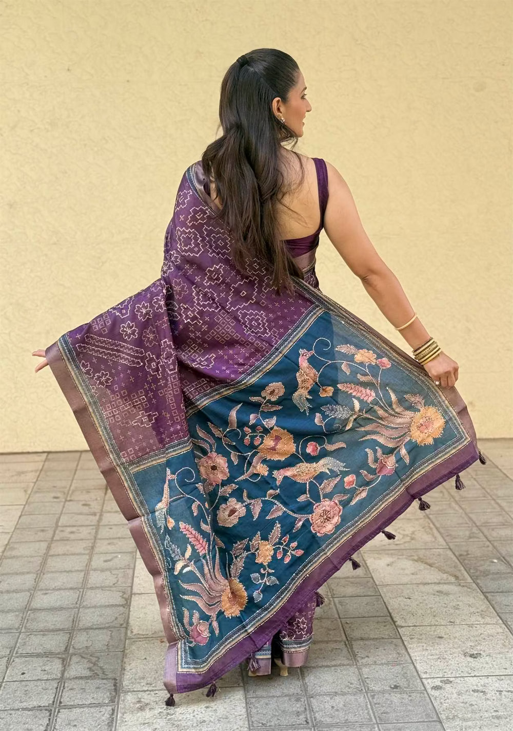 Woman wearing Purple Bandhani Katha Work Silk Saree by Ethnic Today.