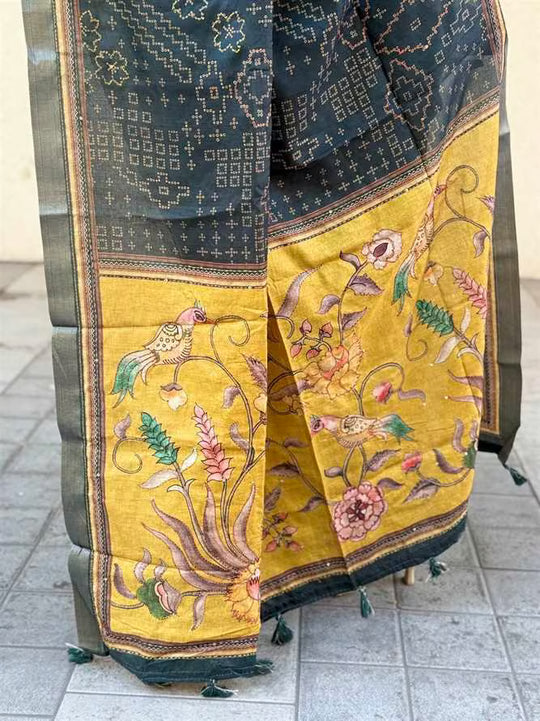 Green with Yellow saree pallu in katha work by Ethnic Today.