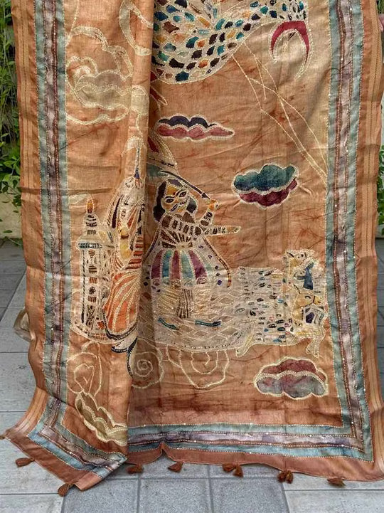Mustard Detailed Katha Work Pallu by Ethnic Today
