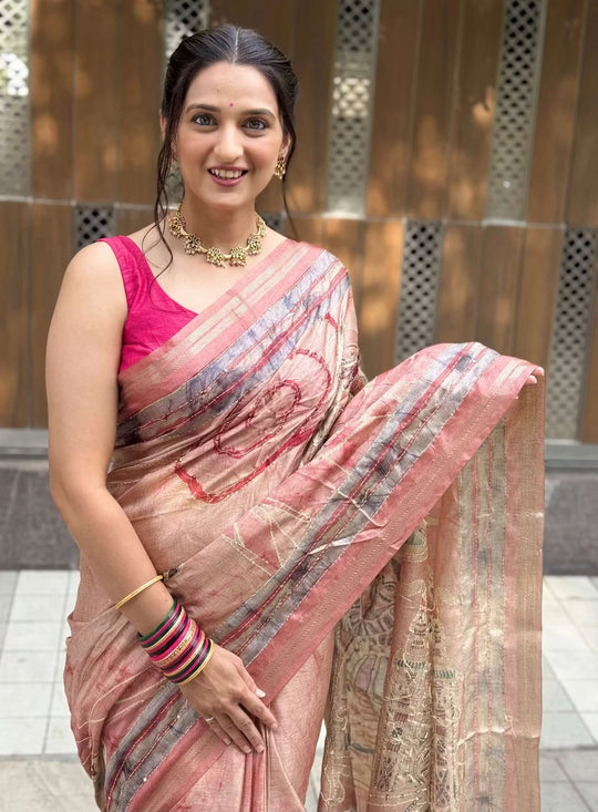 Woman in Rosewood Pink Kalamkari Art Pallu Silk Saree.