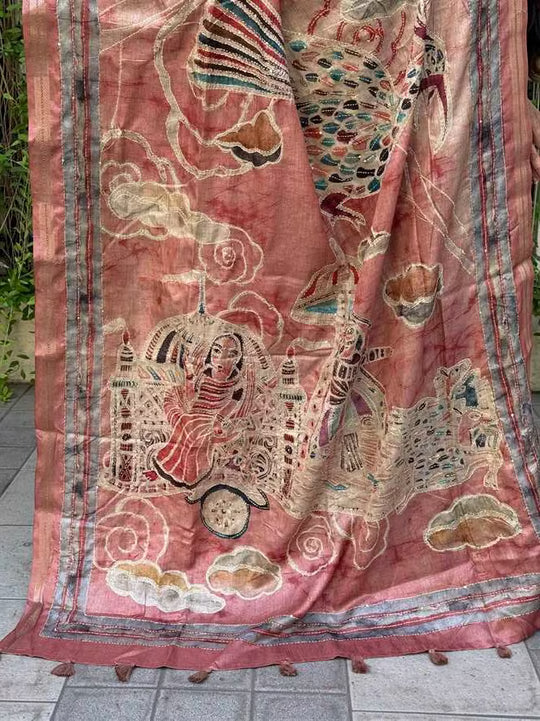 Rosewood Pink Katha work saree pallu by Ethnic Today.