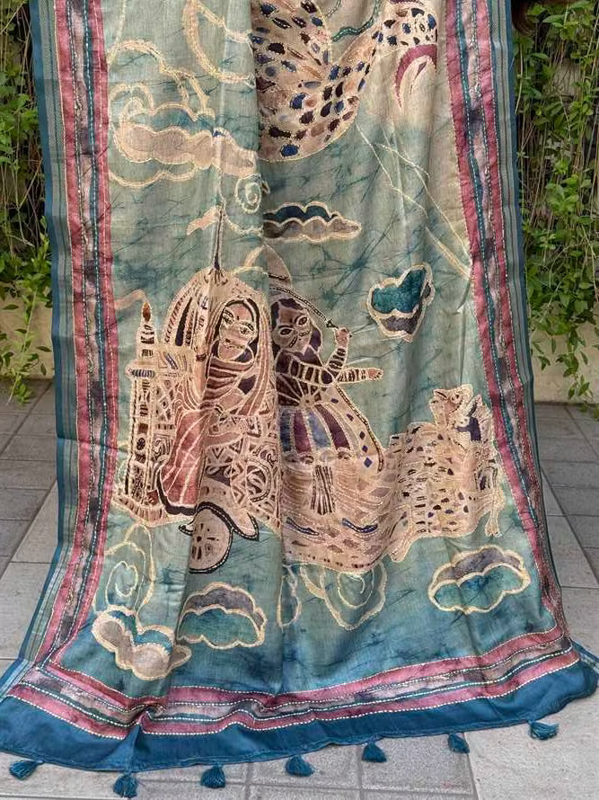 Cyan color katha work pallu by Ethnic Today.
