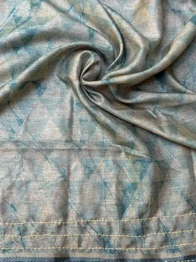 Cyan color katha work blouse fabric by Ethnic Today.