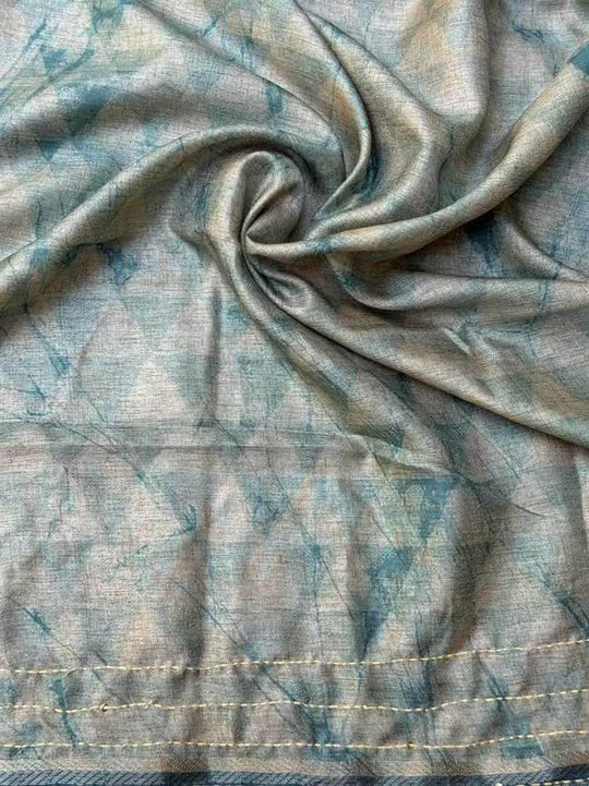 Cyan color katha work blouse fabric by Ethnic Today.
