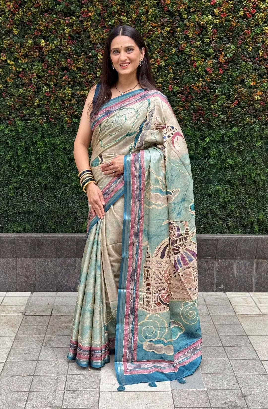Woman in Cream & Cyan Katha Work Kalamkari Dola Silk Saree.