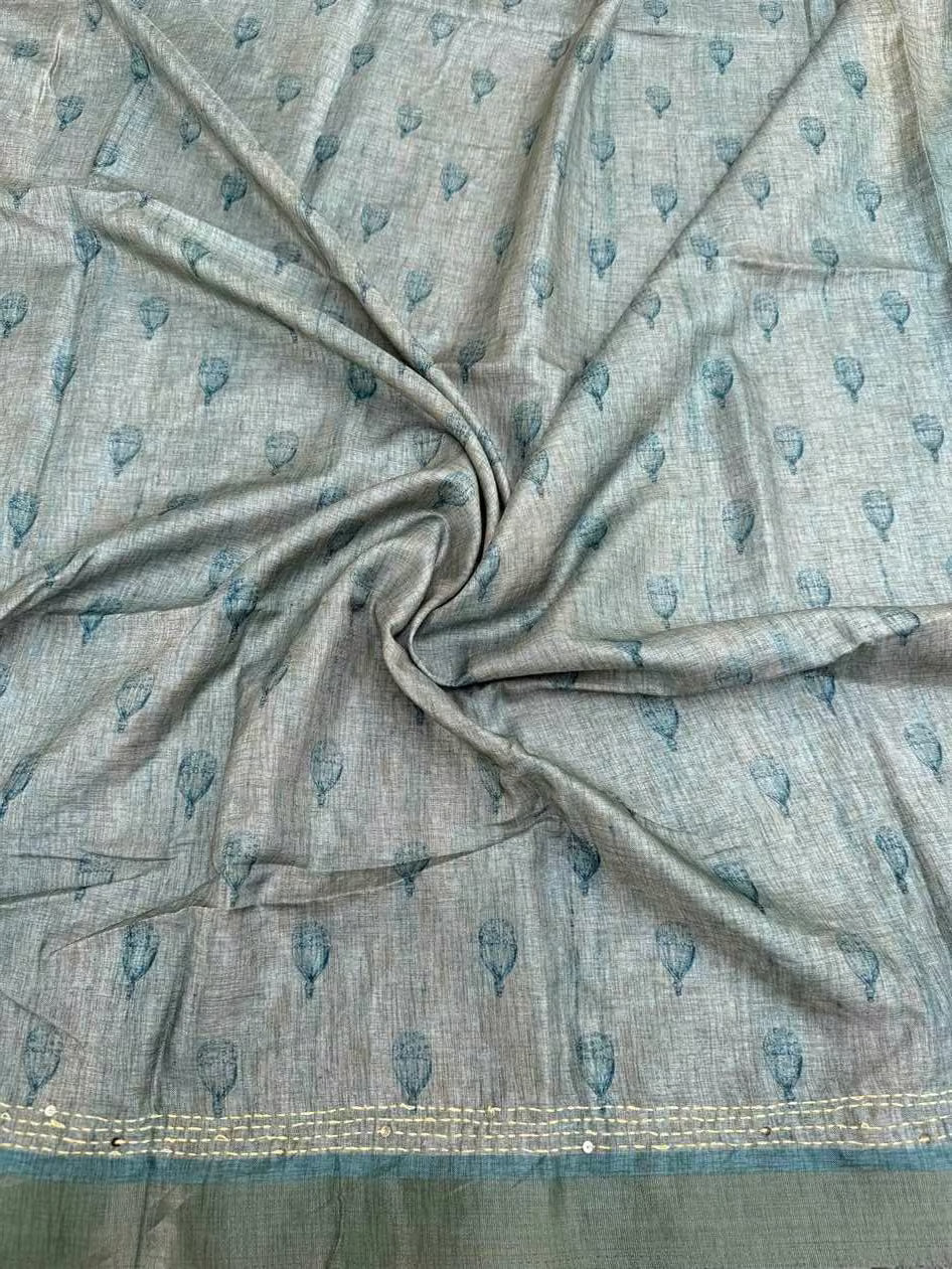 Aqua Cyan Katha work blouse fabric by Ethnic Today.