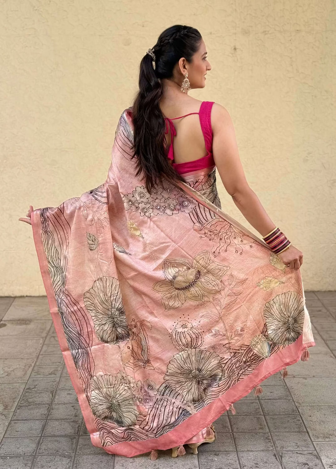 Woman in Dusty Rose Botanical Katha Dola Silk Saree by Ethnic Today.