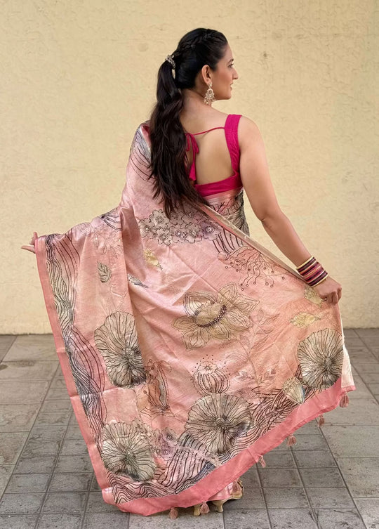 Woman in Dusty Rose Botanical Katha Dola Silk Saree by Ethnic Today.